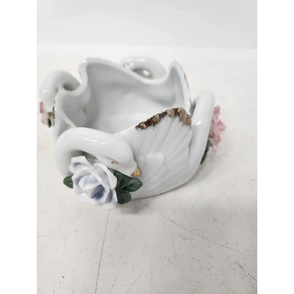 Vintage 3D Swan Roses Figural Bowl Candy Dish White Ceramic Cottagecore